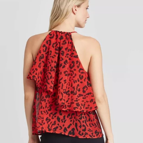 Who What Wear Red Cheetah Print Halter Blouse - Picture 2 of 9